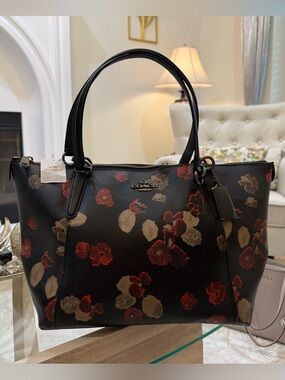 Coach Black Floral Leather Tote with Red and Tan Accents